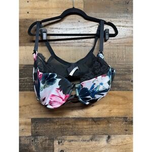 Cacique Lightly Lined French Balconette Bra 44G Floral Lace Trim Black Pink